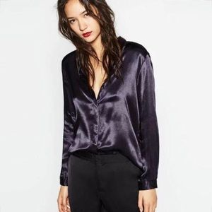 Navy Blue Satin Blouse (XS)